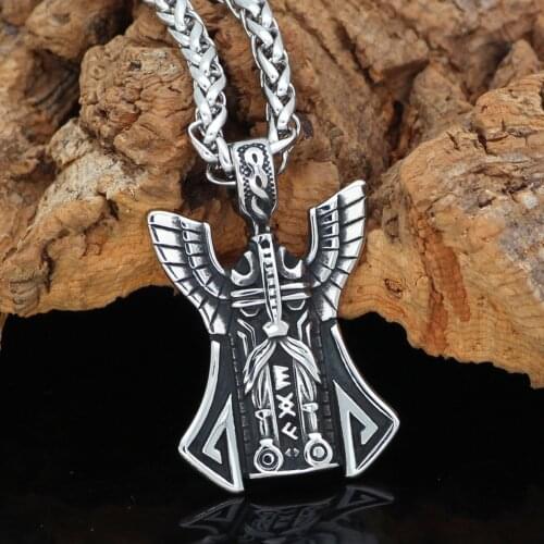 Stainless steel Nordic viking odin face amulet rune pendant necklace with Valknut gift bag