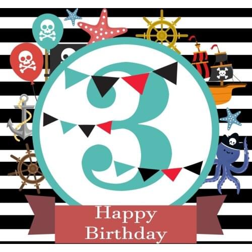Pirate Happy 3th Birthday Party Black White Stripes Ship Baby Poster Photo Backdrops Photo Backgrounds Photocall Photo Studio