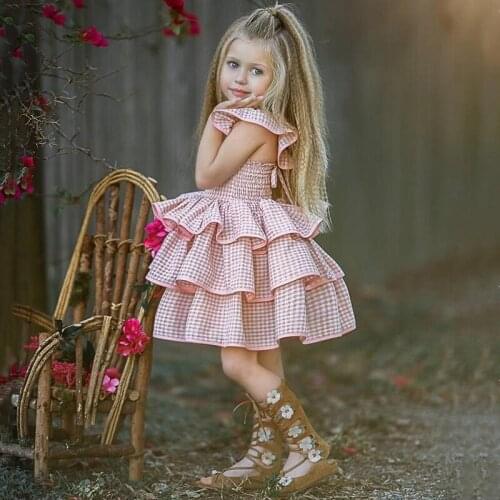 Girls Dress Ruffles Short Sleeve Toddler Kids Baby Cotton Backless Suspender Princess Summer Pink Plaid Cote A-line New Clothing