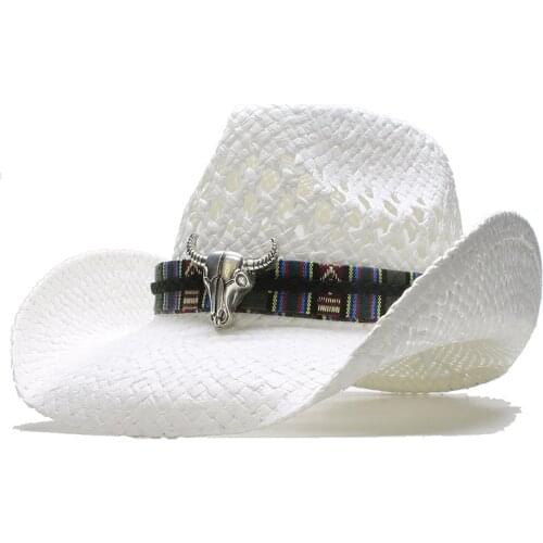 Big Ox Head Belt Hollowed Out Women Men Unisexs Retro Raffia Straw Wide Brim Sun Beach Cowboy Cowgirl Western Hat (58cm)