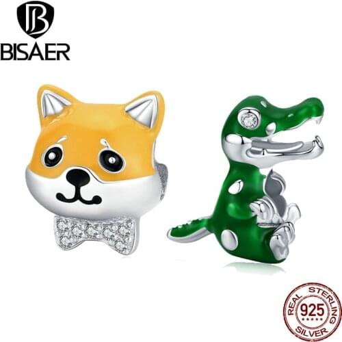 Silver Charms BISAER 925 Sterling Silver Shiba Baby Crocodile Animal Beads charms for bracelet making Silver 925 Jewelry
