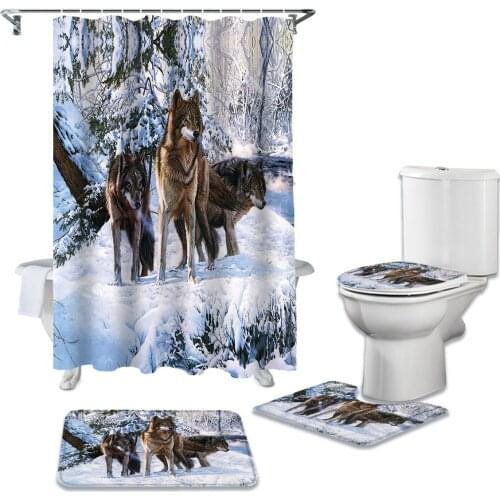Snow Scene And Wolf Shower Curtains Set Bath Mat Set Toilet Cover Waterproof Bathroom Shower Curtain and Rug Sets