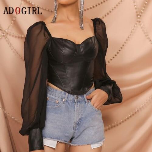 Adogirl Mesh Puff Sleeve Women Tees Skinny Pu Patchwork Tops Sexy Square Collar Elegant High Street Female Trend Outfits T-Shirt