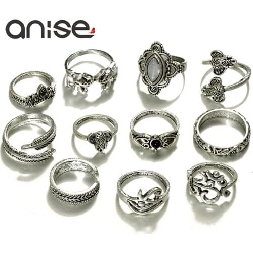 Anise 11 pc/set Elephant Pattern leaf Crystal Knuckle Rings Woman Bohemian Style Antique Silver Color Ring Set Jewelry Anillos