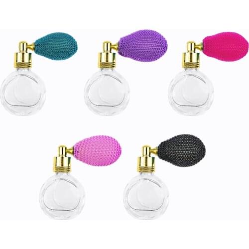 10ml Mini Glass Spray Perfume Vaporizer Bottles with Short Atomizer Gasbag Ball Refillable Small Liquid Jars Oblate Shape 5pcs