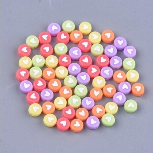 500g Opaque Acrylic Beads, Flat Round with Heart, Mixed Color, 7x4mm, Hole: 1.5mm, about 3700pcs/500g