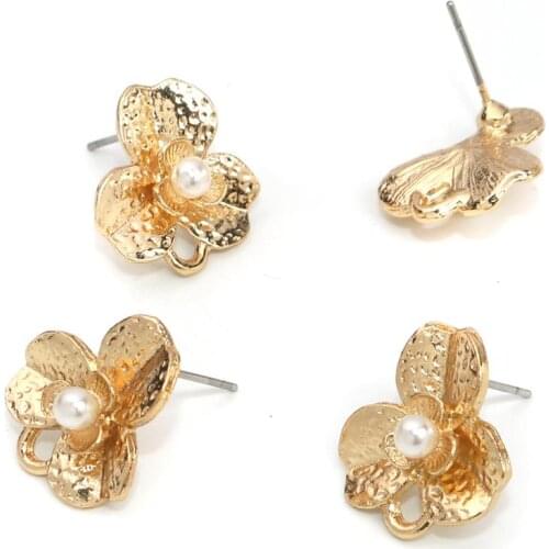 8Seasons Fashion Zinc Based Alloy Ear Post Stud Earrings Findings Round Gold W/ Loop Clear Rhinestone DIY 14mm x 11mm, 10 PCs