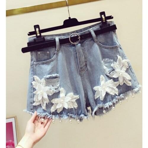 White Shorts Women Summer Hot Pants New Korean-style Industrial Flower Beads Tassels High-waisted Holes Denim Shorts Short