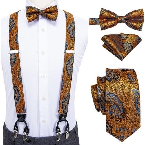 Hi-Tie Luxury Golden Floral Suspenders for Trouser Leather 6 Clips Braces Vintage Mens Wedding Bowtie and Suspender for Men