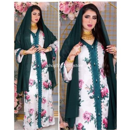 Jalabiat Elegant White Rose Print Ribbon V Neck Long Sleeve Hijab Dress Women Dubai Arabic Turkey Muslim Jalabiya 2020