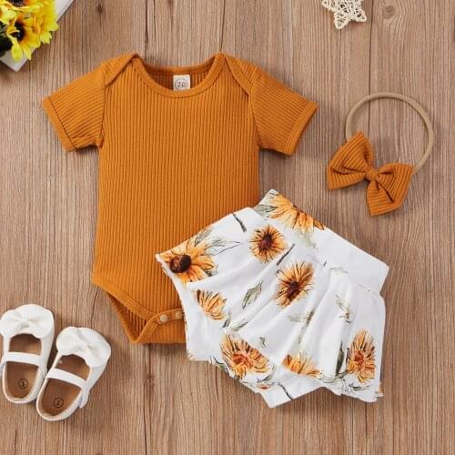 3Pcs Baby Summer Outfits Solid Color Short Sleeves Romper Sunflower Shorts Hairband for Toddler Girls 0-24 Months