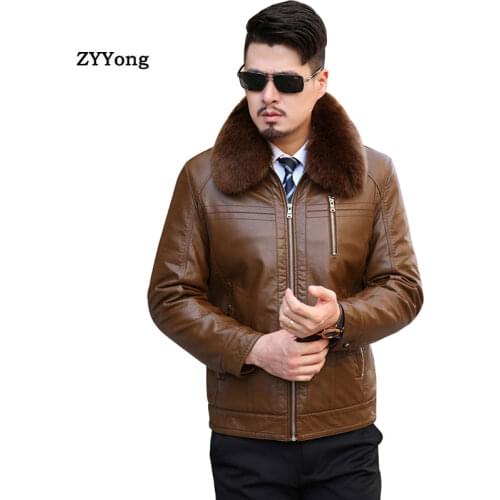 Leather Jacket Men Winter Jacket Fleece Parka Coat Overcoat Plus Velvet Warm Fur Collar Zipper PU Business Casual Black Outwear