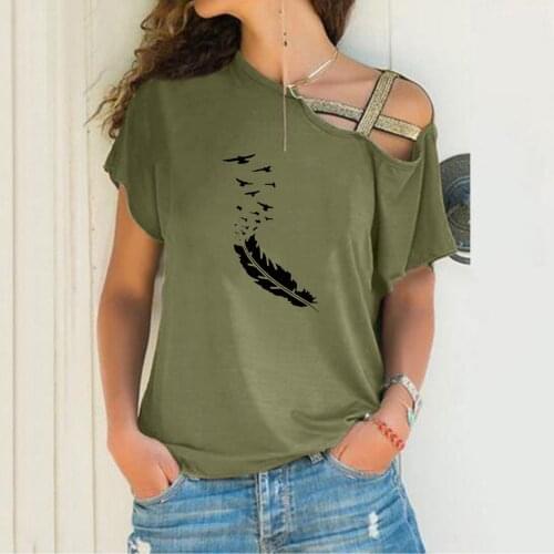 Summer Women Tops T Shirt Womens Tunic Cross One Shoulder Short Sleeve Tops Ladies Casual Loose T shirt Clothes Plus Size 2021