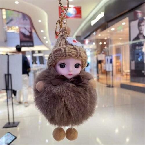 Fashion Jewelry Key Chain Women Luxury Cute Coffee Bow Simulation Fur Doll Pendant Keychain for bag Car Girls Gifts Accessory