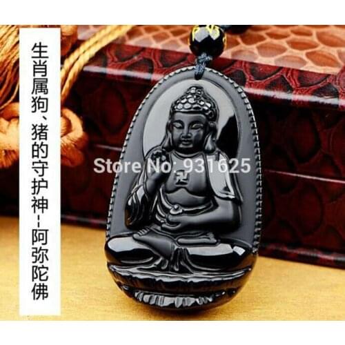 Natural Black Obsidian Carved Buddha Amituofo Amulet Lucky Pendant beads Necklace For Women Men Fine Jewelry Free Rope