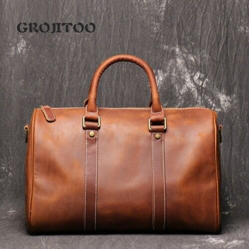 GROJITOO New mens leather handbag crazy horse leather travel bag handmade Single Shoulder Messenger Bag for man