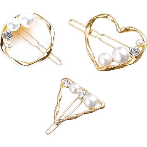 New Fashion Women Hair Accessories Geometric Round Triangle Heart Hair Clips Rhinestone Pearl Hairpins Barrettes For Girls
