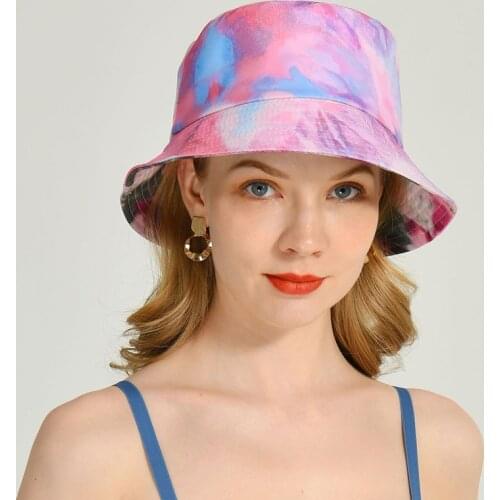 Fashion Women Bucket Hat Summer Cotton Flat Sun Hat Reversible Tie Dye Fisherman Hat Outdoor Sports Travel Beach Caps