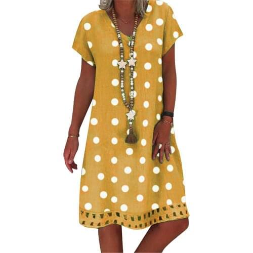 Casual Women Dresses Short Sleeve O Neck Dots Print Hollow Out Hem Knee-length Dress Womens Clothing 2021