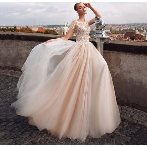 Pink Beach Wedding Dresses A-line Long Sleeves Bride Dress Pink Lace Appliques Boho Wedding Gowns Plus size robe de mariee