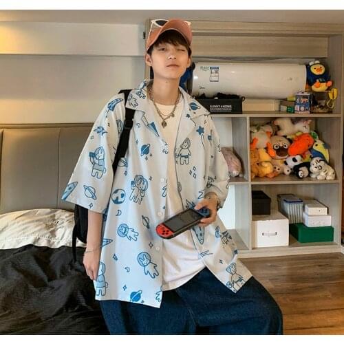 Printed Cartoon Short Sleeve Shirts Summer Oversize Five-point Sleeve Tops Jacket Loose Hiphop Streetwear Male Clothes Thin