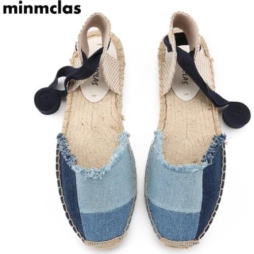 MINMCLAS INS Feeler Women Sandals Summer Shoes Denim Flat Sandals Women Lace Up Espadrilles Sandals for Girls Shoes Alpargatas