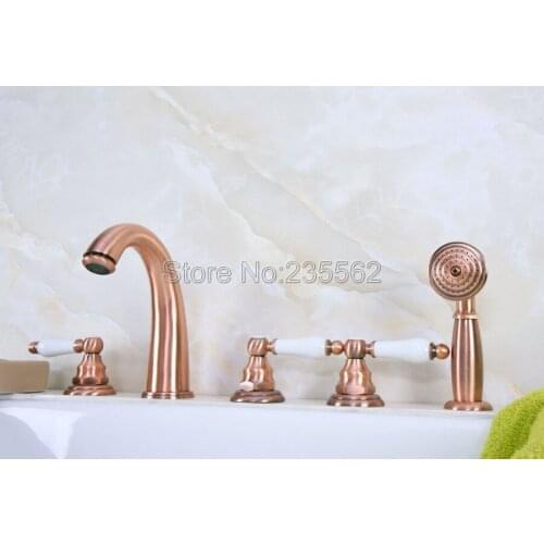 Antique Red Copper 5 Hole Roman Bathtub Faucet Tap &Handheld Shower Deck Mounted lna231