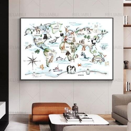 Modern Cartoon Animals World Map Wall Poster for Kids Room Decor Nursery Children Print Art Canvas Painting Home Decor No Frame