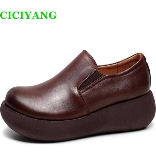 2021 Spring New Genuine Leather Wedges Casual Shoes Female Chunky Platform Retro Handmade Womens Singles Shoes High Heels