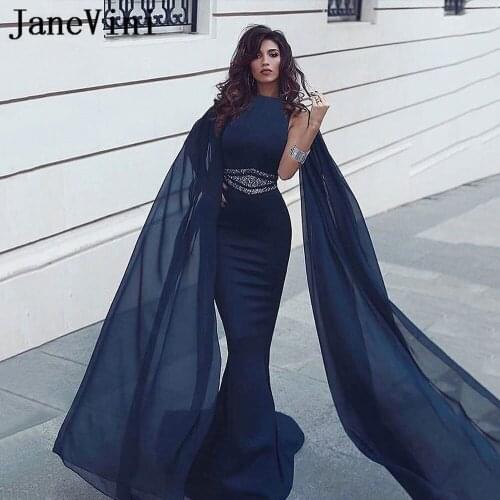 JaneVini Saudi Arabia Navy Blue Evening Dress Party Long Cape Beaded Mermaid Arabic Evening Gown Plus Size vestidos compridos