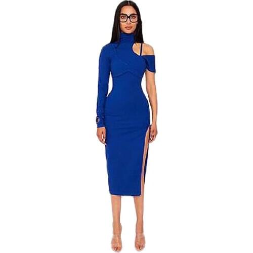 XLLAIS Knitted Blue Split Zippers Club Dresses Women Summer Sexy Turtleneck Bodycon Mid Calf Vestidos Lady Holiday Clothing