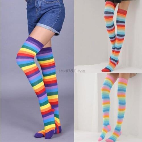 Women Girls Mixed Colored Rainbow Striped Long Boot Thigh High Stockings Knitted Over The Knee Socks Cotton Leg Warmer Party