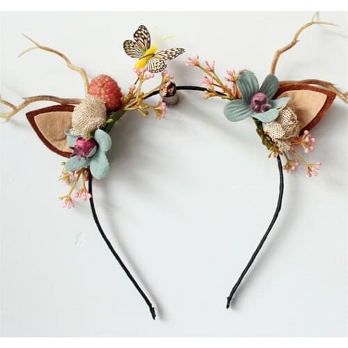 Women Girls Christmas Fairy Tale Flower Headband Retro Tree Branch Deer Ears Antler Hair Hoop Crown Festival Party Props