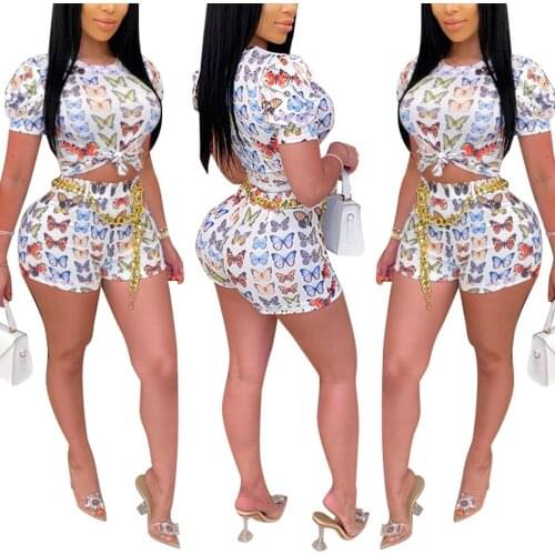 Women 2 Pcs Printed Clothes Sets Round Neck Short Sleeve Crop T-shirt + Short Pant Tracksuit Fashion Outfits