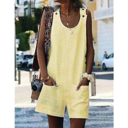 Fashion Women Sleeveless Linen V-Neck Pockets Rompers Summer New Ladies Solid Playsuits Holiday Casual Playsuit Plus Size