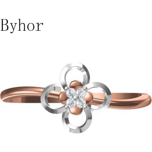 Byhor Solid 14K White+Rose Gold 0.032ct H/SI Natural Diamonds кольцa кольцo Wedding Band Fine Jewelry Trendy Flower Ring Women