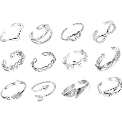 12Pcs/Set Silver Plated Bohemian Vintage Leaf Heart Rings for Women Fashion Cross Twist Open Ring Knuckle Finger Rings Jewelry