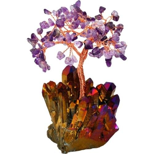 4" Natural Purple Crystal Money Tree,Purple & Gold Aura Titanium Crystal Cluster Base Bonsai Figurine for Wealth and Luck