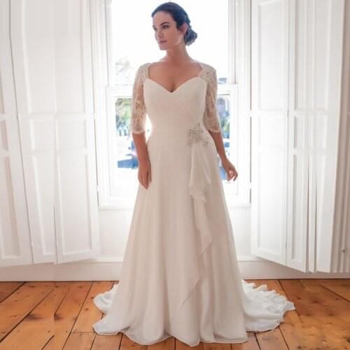 Cheap Plus Size Wedding Dress 2020 Vestido De Novia Longo Beaded Chiffon Bridal Dresses with Sleeves Robe de Marriage