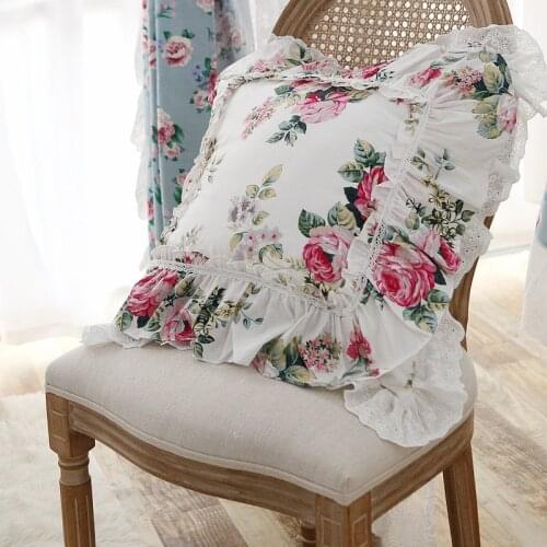 Rose print cushion cover elegant ruffle pillow cover Pastoral flower design princess cushion elegant bedding pillow case pillows