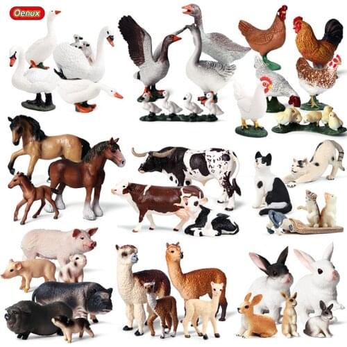 Oenux Lovely Farm Family Model Action Figures Farmer Cow Hen Horse Pig Poultry Animals Figurine Miniature Educational Kids Toy