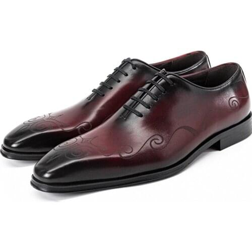 Italian shoes Men Genuine Leather Shoes Mens Business Dress Suit Luxury Brand Quality Bullock Burgundy Laces Wedding Shoes