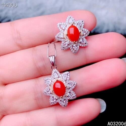 KJJEAXCMY Fine Jewelry 925 Sterling Silver Inlaid Natural red coral Gemstone classic Ring Necklace Pendant Set Support test
