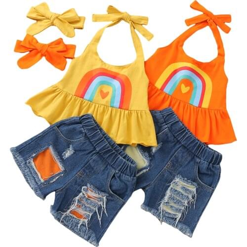 Newborn Toddler Baby Girl Clothes Set Ruffle Outfits Fly Sleeve Tops+Denim Shorts+Bowknot Headband 3Pcs Summer Clothes Sets