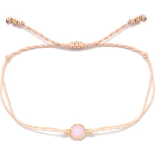 Cute Copper Pink Semi-precious Stone Charm Bracelet Women Men Nice Grey Beige Waxed String Round Stone Handmade Jewelry Present