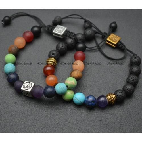 Multi Natural Gemstone Matte Round Beads Chakra Hologram Bracelet Healing Jewerly Couple Party Adjustable Gift