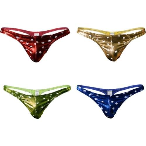 Mens Sexy Imitation Leather Coat Paint Underwear Stage Shows Stars Printing Mens G-strings Thong cuecas gay