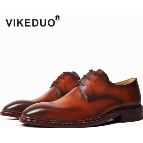 VIKEDUO Mens Shoes Patina Brown Leather Shoes Men Wedding Office Derby Dress Shoes Brand Designer Shoe Formal Zapatos de Hombre
