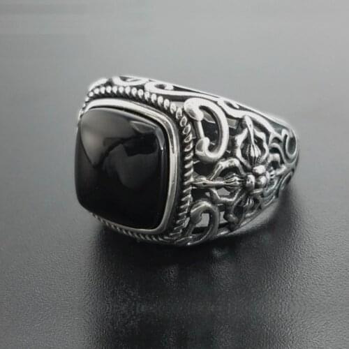Real 925 Silver Black Garnet S925 ring For Men Female Engraved Flower Fashion Open Size S925 ring Sterling Thai Silver Jewelry