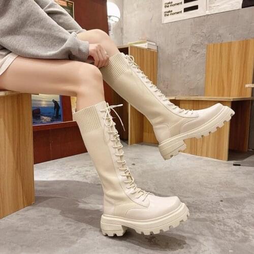 But knee knight boots 2021 new autumn and winter square toe thick-soled knitted stretch thin Martin boots